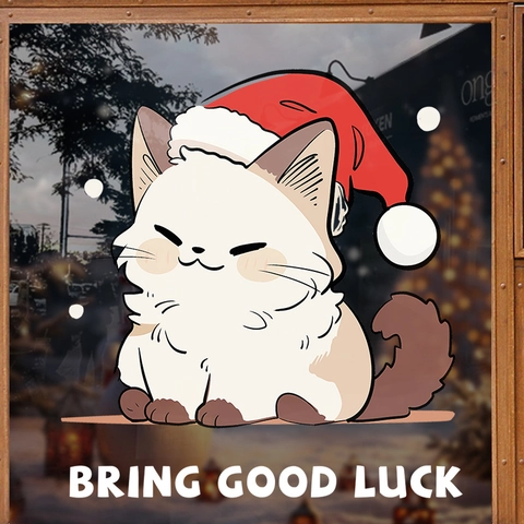 Christmas Window Stickers Static Cling Cute Cartoon Cat Festive Glass Decals For Shop Showcase Holiday Decoration UV