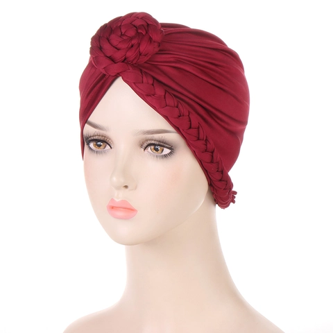 Women Braid Flower Turban Hat Muslim Headscarf Boho Braided Elastic Chemo Cap Head Wrap Polyester Solid Color Headwear
