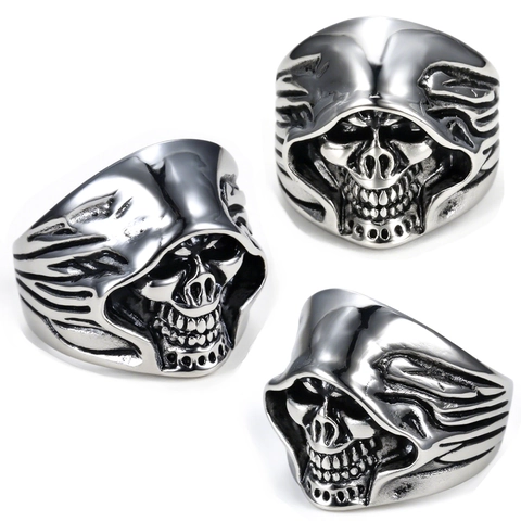 Anello Teschio In Acciaio Inossidabile Da Uomo Vintage Gotico Tristo Mietitore Punk Gioielli Argento Antico
