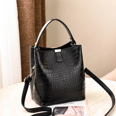 Damen Eimer Tasche Mit Krokodilmuster PU Leder Retro Schultertasche Mit Goldener Hardware