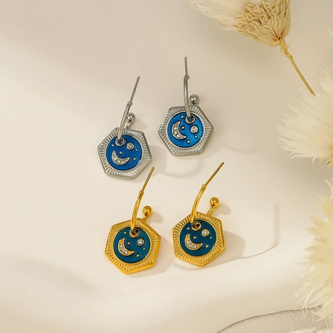 Stainless Steel Star Moon Hexagonal Drop Earrings For Women Blue Enamel Rhinestone Geometric Fashion Drip Oil Jewelry