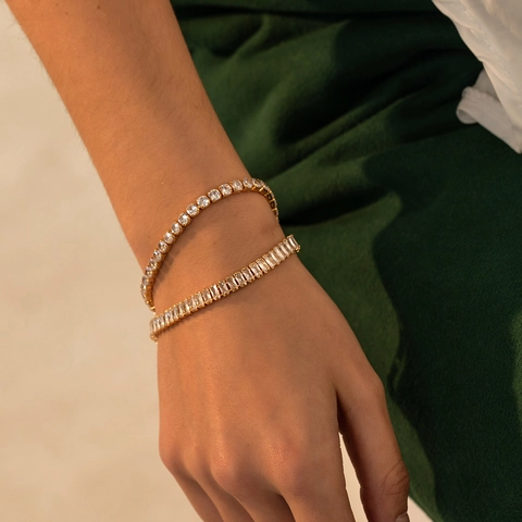 Luxury 18K Gold Plated Stainless Steel Tennis Bracelet Square Round Zirconia Inlaid Adjustable Jewelry Gift For Women