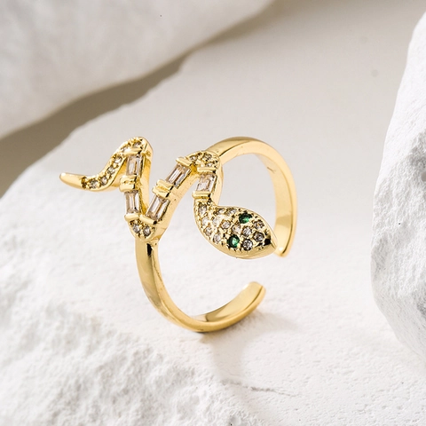 Schlange Offener Ring Damen Kupfer 18K Vergoldet Zirkon Emaille Verstellbar Modeschmuck