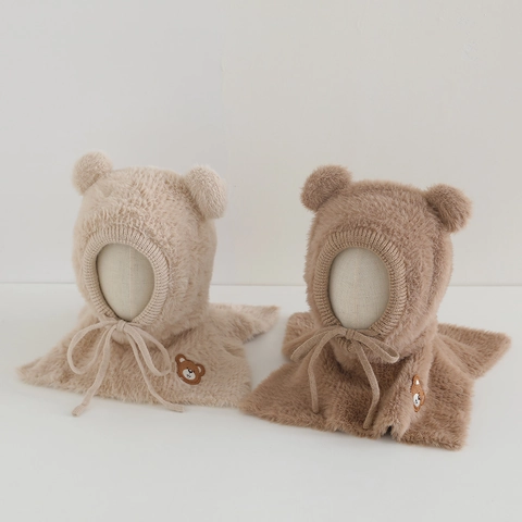 Cagoule Oreilles D'ours Bonnet Fausse Fourrure Écharpe À Capuche Intégrée Chaud Hiver Cache-Cou Coupe-Vent Enfants