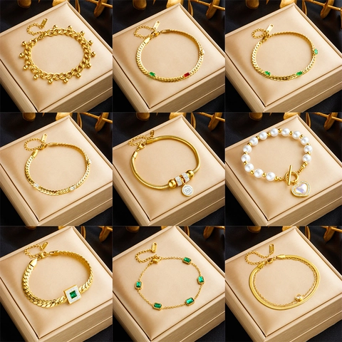 Lussuoso Bracciale in Acciaio Inossidabile per Donna Placcato Oro Perla Artificiale Strass Catena a Maglie Pietra Preziosa Verde Smeraldo Pendente Cuore Geometrico Gioielli