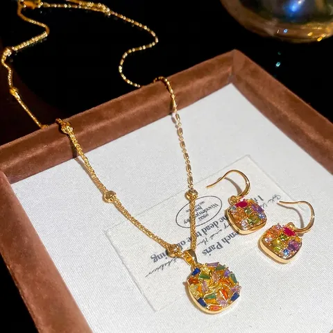 Collana E Orecchini Geometrici In Zirconia Rame Placcato Oro Pendente In Cristallo Colorato Gioielli Per Donne Elegante