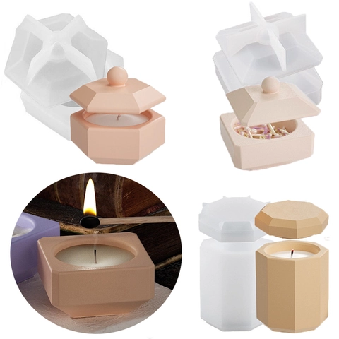 Moules En Silicone Géométriques Pour Bougeoir DIY Boîte De Rangement Avec Couvercle Hexagone Octogone Carré Plâtre Ciment Outils De Loisirs Créatifs