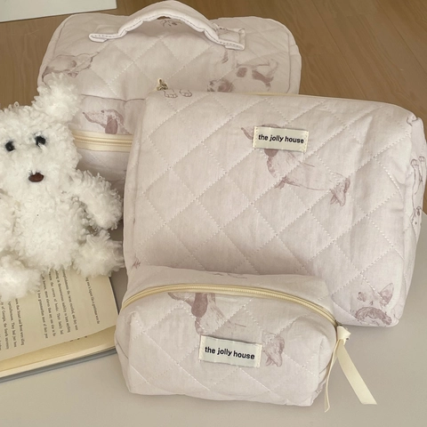 Borsa Trucco Trapuntata In Cotone Stampa Cane Cerniera Pochette Da Viaggio Per Cosmetici Portatile Morbida Carina Per Donne