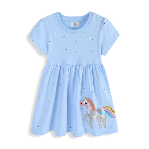 Vestito In Maglia Di Cotone Per Bambine Manica Corta Applique Unicorno Stampa Floreale Estate Stile Principessa