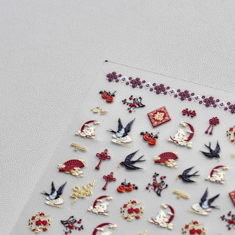 3D Embossed Nail Art Stickers Relief Chinese Style Rabbit Lucky Character Moon Swallow Design Self Adhesive DIY Decor For Women