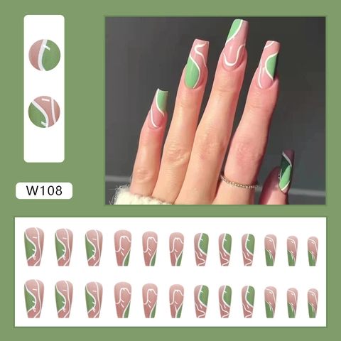 Coffin Press On Nails Pink Green Wave Pattern Contrast Color Plastic Artificial False Fingernails For Women
