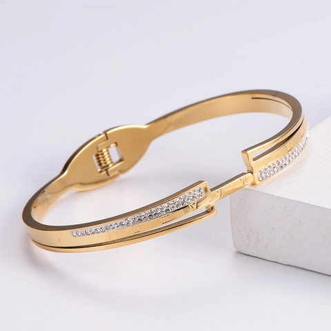 Bracciale Rigido Numeri Romani Acciaio Inossidabile 316L Strass Gioielli Placcati Oro Per Donna Accessori Eleganti