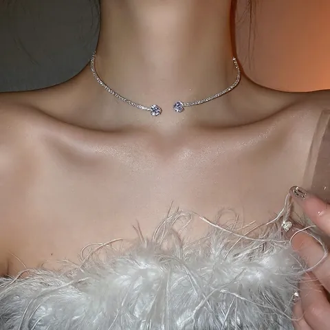 Silberfarbene Tropfen Zirkon Doppelschicht Choker Halskette Herz Schleife Legierung Eleganter Schmuck Für Damen