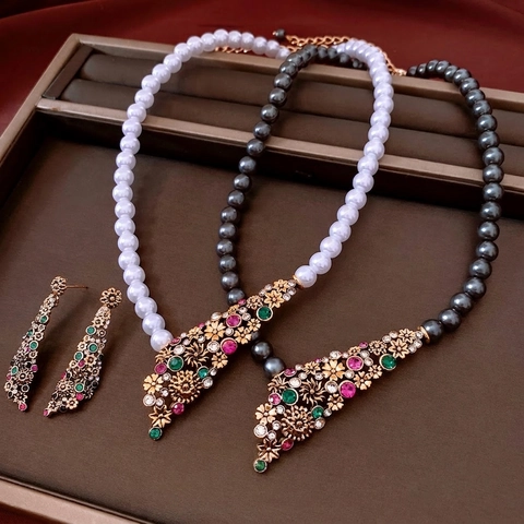 Gioielli Floreali Vintage Collana Di Künstliche Perle In Lega E Orecchini Di Strass Con Perno In Argento Per Donna Elegante