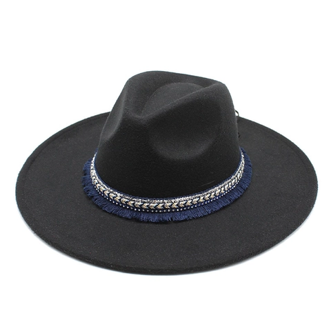 Cappello Fedora A Tesa Larga Feltro Di Lana Stile Etnico Nastro Intrecciato Con Nappine E Paillettes Uomo Donna