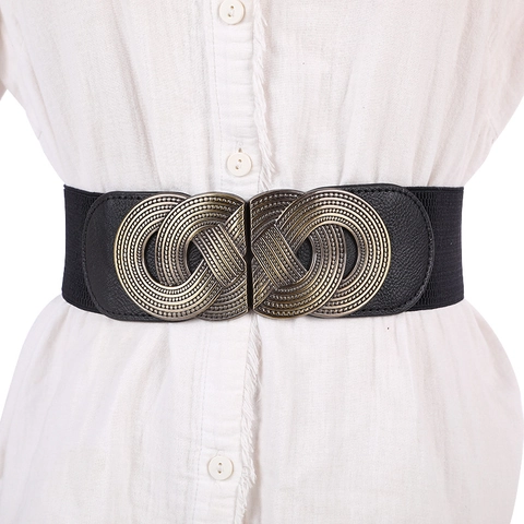 Women Wide Elastic Belt Stretchy Corset Cinch Waist Band Vintage Decorative Metal Woven Buckle Dress Accessory Retro