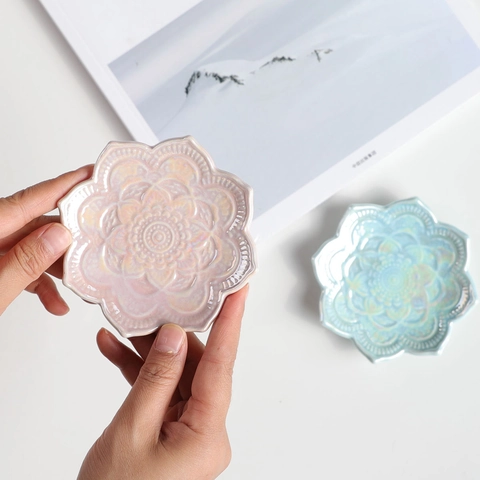 Mandala Ceramic Jewelry Tray Irregular Lotus Relief Trinket Dish Ring Storage Plate Home Office Dresser Decor Nordic Style