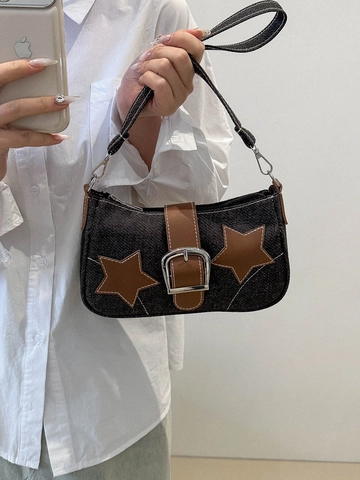 Retro Denim Underarm Bag For Women With Star Patches PU Leather Trim And Large Metal Buckle Y2K Style Shoulder Bag
