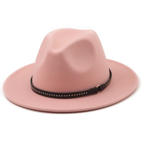 Vintage Fedora Hat Woolen Felt Wide Brim Rivet Belt Decor British Style Solid Color Jazz Cap For Women Men