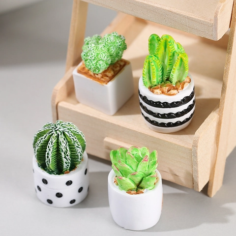 Mini Artificial Cactus Potted Plant Resin Succulent Miniature Desktop Decor Home Office Ornaments Green Small