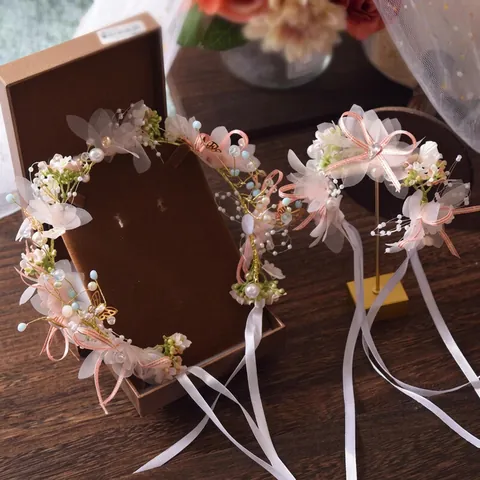 Kids Flower Crown Headband Chiffon Floral Faux Artificial Pearl Ribbon Forest Style Princess Hair Accessories Wedding Flower Girl