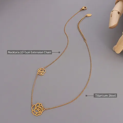 Elegante Collana Con Pendente A Doppia Rosa Traforata Oro 18K Placcato Acciaio Al Titanio Gioielli Di Tendenza Per Donne