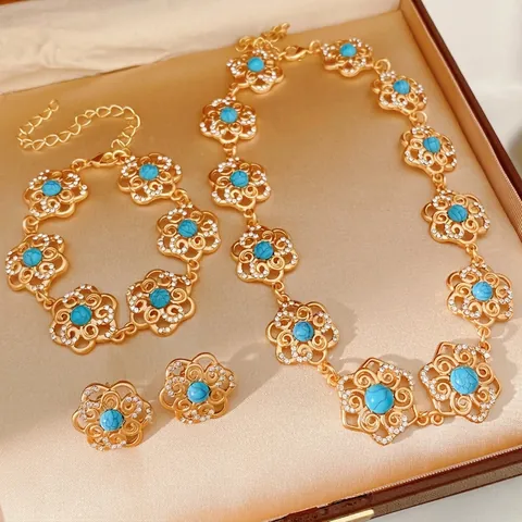Collana Bracciale E Orecchini A Fiore Cavo Vintage Con Perno In Argento Lega Strass Pietra Donne Retro