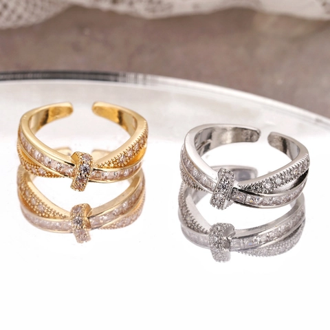 Anillo Ajustable Cruzado Cobre Con Micro Pavé De Circonita Exquisita Banda De Dedo Abierta Retorcida Joyería Para Mujer