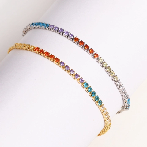 Rainbow Tennis Bracelet With Multi Color Cubic Zirconia And Gold Plated Metal Adjustable Slider Chain For Women