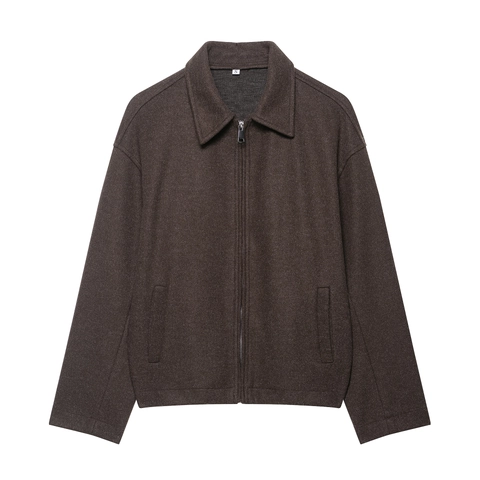 Women Jacket Minimalist Streetwear Turn Down Collar Zip Up Brushed Wool Like Texture Coat With Pockets Loose Fit