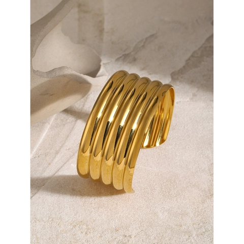 Hochwertiger Edelstahl Mehrlagig Wellenstreifen Offener Armreif Für Damen Gold Silber Galvanisiert Minimalistischer Schmuck