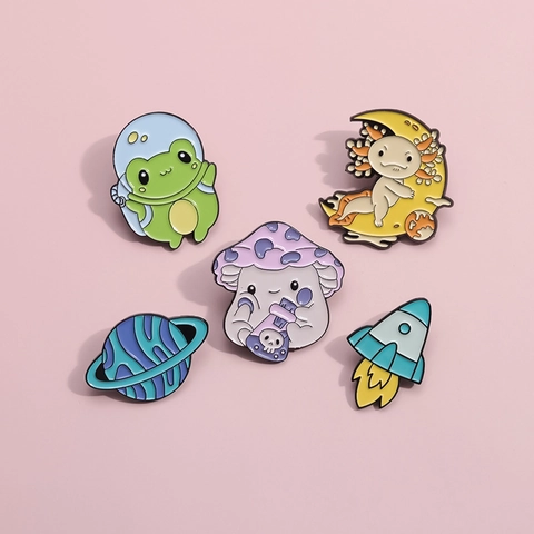Cartoon Space Enamel Brooch Pin Alloy Frog Astronaut Rocket Planet Mushroom Axolotl Badge For Backpack Clothing Decor
