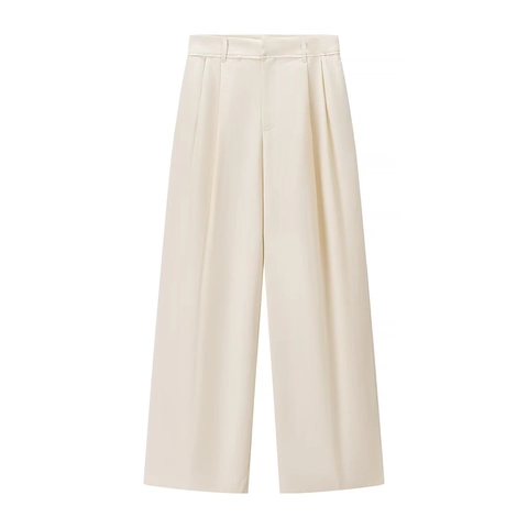 Damen Hose Mit Hoher Taille Und Weitem Bein Elegante Lange Hose Polyester Falten Design Büro Stil Cremeweiß