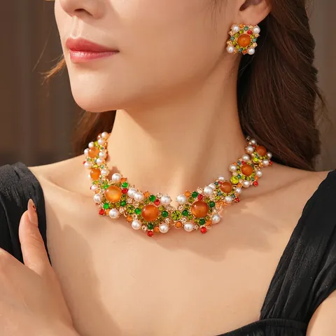 Bijoux Palais Vintage Collier Boucles D Oreilles Alliage Strass Colore Fausse Künstliche Perle Resine Tige Argent Retro Luxe
