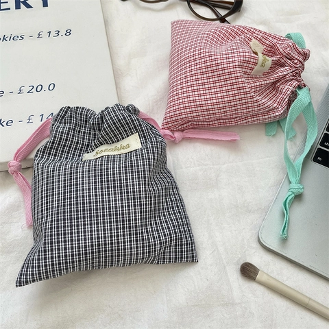 Petit Sac À Cordon Gingham En Coton Pochette Cosmétique Portable Rangement Bijoux Organisateur Voyage À Grille