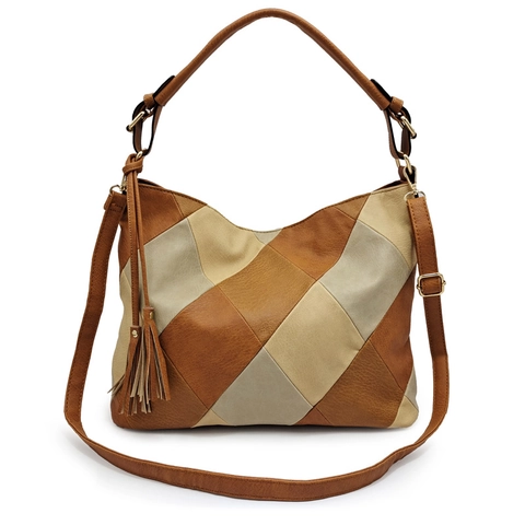 Vintage Patchwork PU Δερμάτινη Τσάντα Ώμου Για Γυναίκες Μεγάλης Χωρητικότητας Τσάντα Με Κρεμαστό Φούντα Γεωμετρικό Σχέδιο