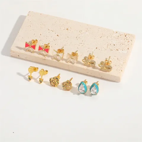 Vintage Copper Zirconia Stud Earrings For Women Personality Bowknot Floral Arrow Water Drop Enamel Fashion Jewelry Accessories