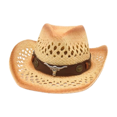 Vintage Western Cowboy Straw Hat With Hollow Out Breathable Paper Material Metal Bull Head Decoration For Summer Travel