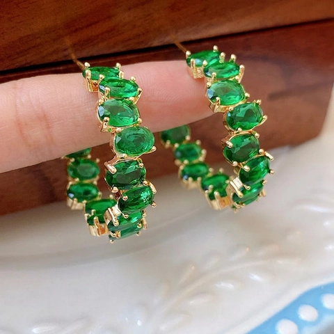 Hoop Oorbellen Met Smaragdgroene Zirconia Ovaal Gesneden Vintage Verguld Koper Luxe Zilveren Oorbel Post Voor Vrouwen