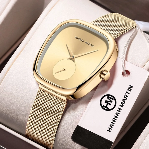 Hannah Martin Luxury Women Quartz Watch Tonneau Design Stainless Steel Mesh Strap Waterproof Fashion Ladies Wristwatch