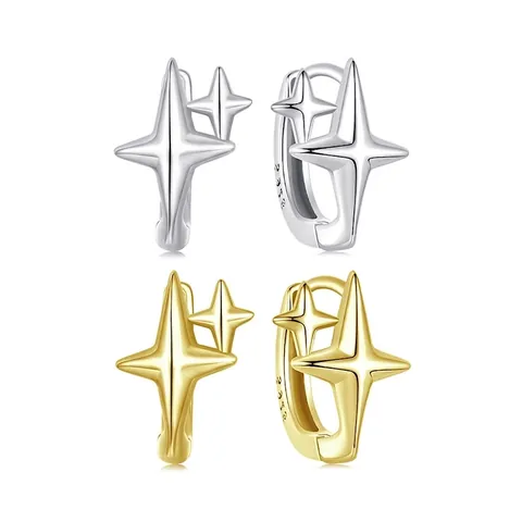 Star Hoop Ohrringe 925 Sterling Silber Doppelter Vierpunktiger Stern Huggies Poliert Minimalistischer Schmuck Damen