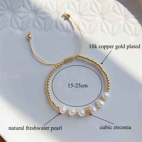 Freshwater Pearl Bracelet 18K Gold Plated Brass Beads Cubic Zirconia Square Charm Adjustable Braided Rope Vintage Jewelry For Women