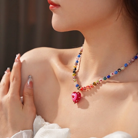 Collar De Cuentas De Vidrio Millefiori Con Colgante De Corazón De Resina Roja Joyería Bohemia Hecha A Mano