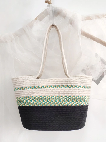 Large Capacity Woven Cotton Rope Tote Bag Multi Tone Color Blocked Beach Vacation Shoulder Handbag For Women Summer