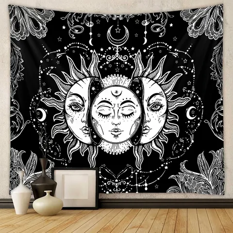 Arazzo Da Parete Nero E Bianco Sole Luna Stella Poliestere Tessuto Boemo Mistero Stile Decorazione Casa Camera Soggiorno
