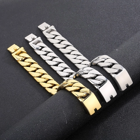 Pulsera De Cadena De Eslabones Cubanos Para Hombre Titanio Acero Inoxidable Hip Hop Punk Pesado Ancho Malla Plana Pulido