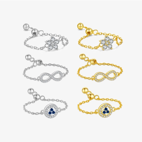 S925 Sterling Silver Adjustable Chain Ring For Women Zirconia Infinity Flower Round Blue Stone Ring Fashion Jewelry