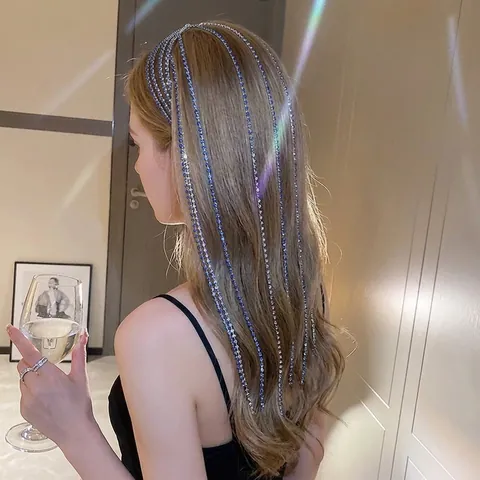 Luxury Rhinestone Long Tassel Headband Alloy Waterfall Hair Band Elegant Sparkly Party Wedding Hair Accessories For Women