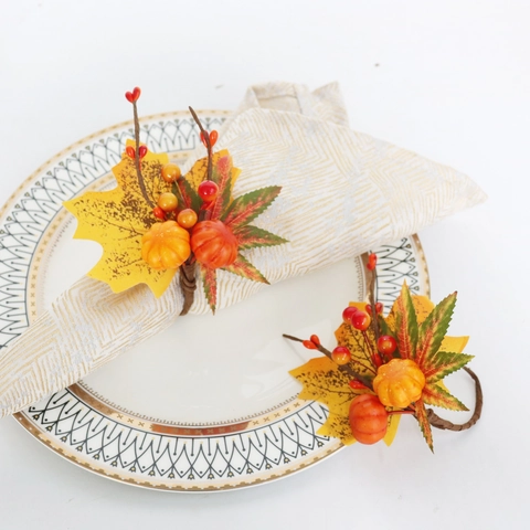 Pumpkin Maple Leaf Napkin Ring Autumn Thanksgiving Table Decoration Satin Foam Berries Harvest Holiday Dinner Party