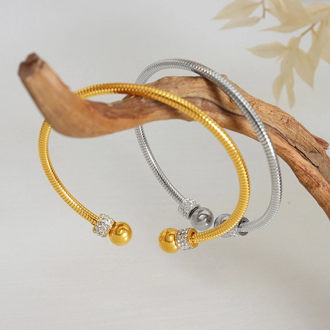 Bracciale Rigido Aperto Texture Catena A Serpente Acciaio Al Titanio Placcato Cristallo Perle Per Donna